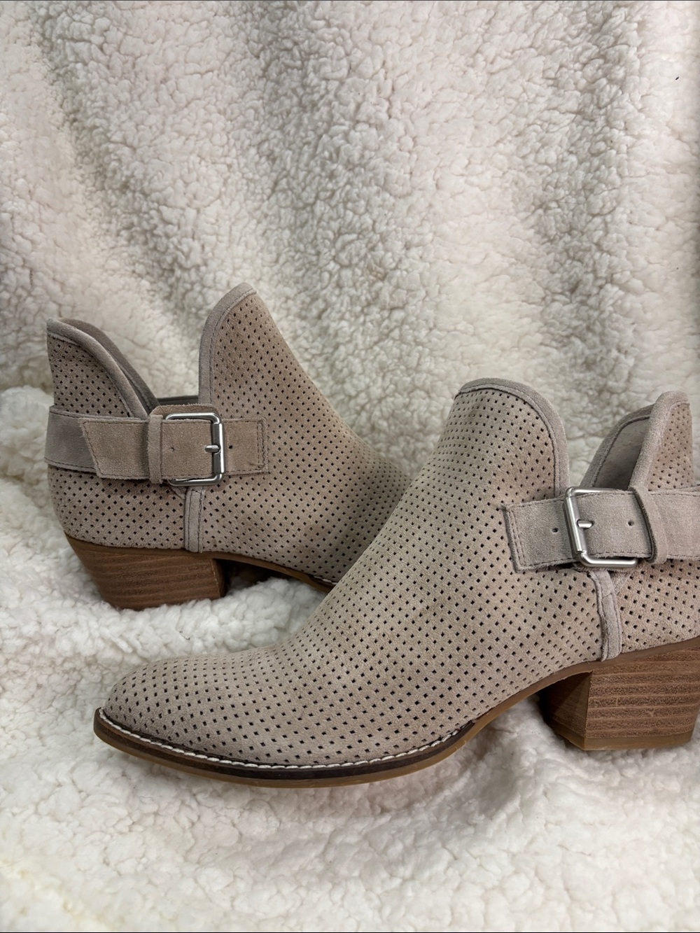 Dolce Vita Perforated Suede Ankle Booties in Taupe